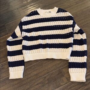 Universal Thread Striped Navy and White open knit Crochet Crop Sweater Medium